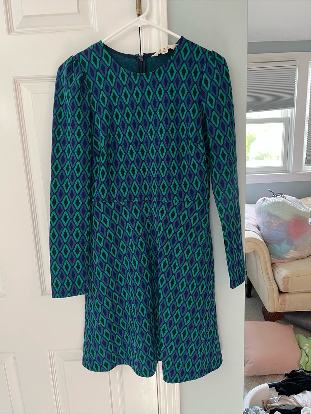 Boden Green and Blue Geometric Long-Sleeve Dress